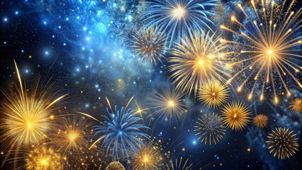 Festive Fireworks Display with Blue and Gold Sparkle