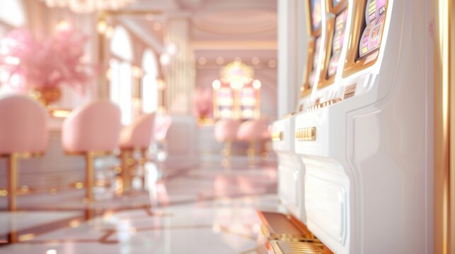 A contemporary white slot machine in a casino, featuring a minimalist design with clean lines and a sophisticated look. The image provides plenty of copy space for customization, ideal for marketing