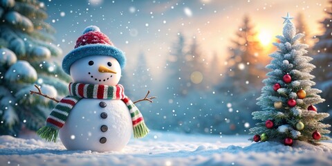 Festive Snowman with Christmas Tree in Snowy Winter Wonderland