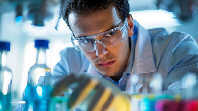 A focused scientist wearing protective eyewear working in a laboratory with colorful chemicals. Represents scientific research, experimentation, and laboratory work concept.