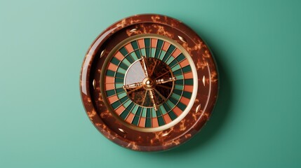 Obraz premium An elegant brown roulette wheel in a casino setting, with minimalist design elements and plenty of copy space for customization. The image is perfect for projects that require a sophisticated and