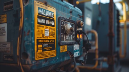 Close-up of Warning Labels and Safety Instructions on a Weathered Gasoline Generator