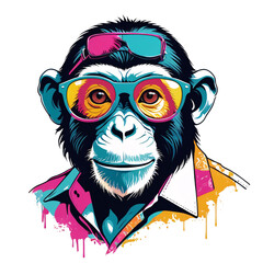 Fototapeta premium monkey in style wearing sunglasses, retro style designs, retro colourfull, solid white background, very creative designs, most popular design. T-shirt designs ape, monkey theme