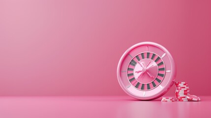 A sleek and contemporary casino scene with a pink theme, highlighting a roulette table. The image's minimalist design and copious copy space make it versatile for a variety of marketing purposes.