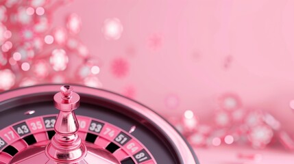 A modern and stylish casino interior in shades of pink, showcasing a roulette table. The minimalist design and ample copy space make this image perfect for promotional use.