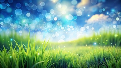 Obraz premium Green Grass with Blurred Blue Sky and Bokeh Lights
