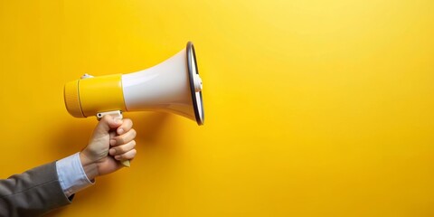 Hand Holding Yellow Megaphone on Yellow Background