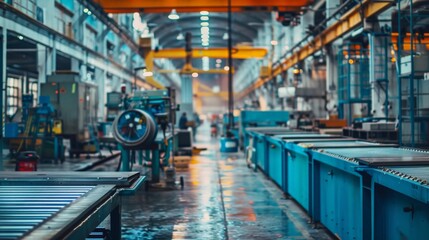An industrial factory floor with machinery and conveyor belts