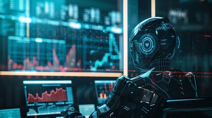 Fototapeta premium A futuristic robot sits in front of multiple computer screens displaying financial data, suggesting artificial intelligence and the future of finance.