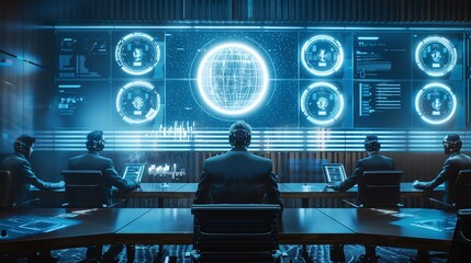 A group of businessmen in a futuristic control room, monitoring data and information on a large screen.