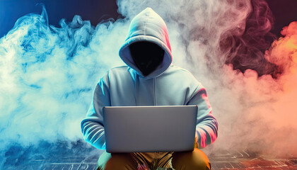 A hacker with hidden face in a hoodie using a laptop