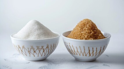 Bowls holding white and brown sugar against white backdrop