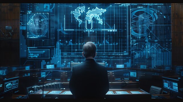 A man sits in front of a large screen displaying a world map and various data points, suggesting global surveillance or control.