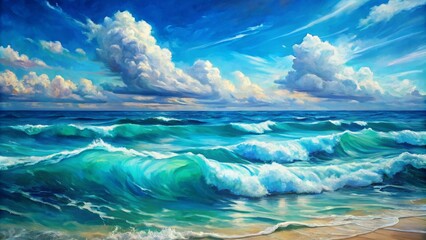 Ocean Waves Painting - Blue Sky with White Clouds - Peaceful Seascape