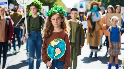 Fototapeta premium A young girl with a green wreath on her head holds a globe in front of her as she marches in a climate change protest. She is surrounded by other protesters, all holding signs and banners.