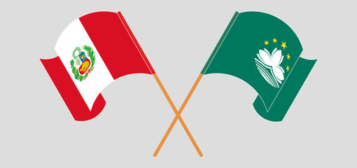 Crossed and waving flags of Peru and Macau