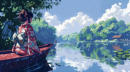 Obraz premium A woman in a kimono sits alone in a small boat on a calm lake, surrounded by lush greenery and a clear blue sky.