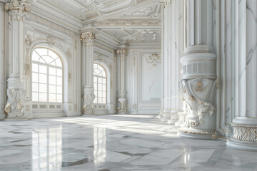 Obraz premium Empty sunlit room made of white marble with gold accents, large windows, and shiny polished floor. Sun light streams in through windows, casting shadows on the marble floor, elegant background
