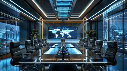 Futuristic conference room with a large screen displaying a world map. Perfect for global business meetings and strategy planning