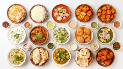 A variety of Indian food is displayed in bowls on a white background. The bowls are filled with different types of food, including rice, vegetables, and sauces. Scene is one of abundance and variety