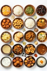 A variety of Indian food is displayed in bowls on a white background. The bowls are filled with different types of food, including rice, vegetables, and sauces. Scene is one of abundance and variety