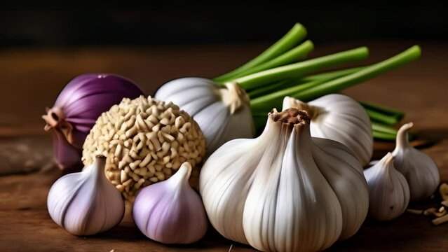  Fresh garlic bulbs and green onions ready for culinary adventures