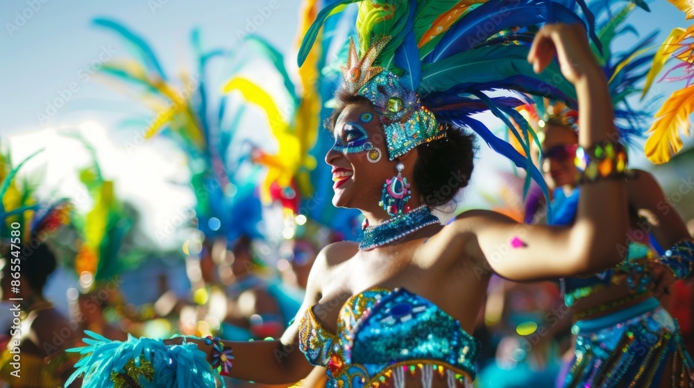 Wall mural A woman dances in a bright blue and green costume during a Carnival celebration. She is smiling and wearing colorful makeup.