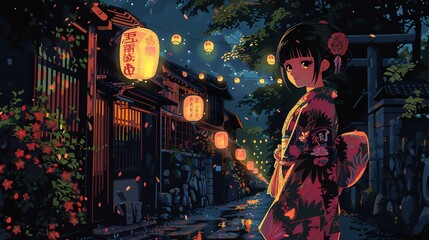 Obraz premium A young woman in a traditional kimono stands in a dimly lit Japanese street lined with glowing lanterns.
