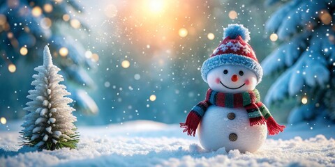 Obraz premium Smiling Snowman in Winter Wonderland with Christmas Tree