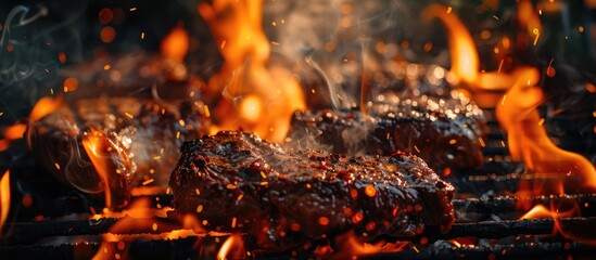 Grilling beef steaks over fiery flames