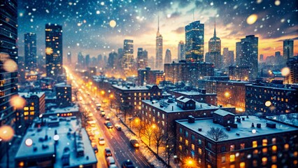 Snowy Cityscape at Dusk - Aerial View of a Wintery City with Streetlights and Falling Snow