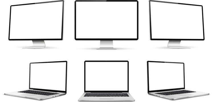 Three monitor and three laptop computers with empty display, realistic set device screen mockup