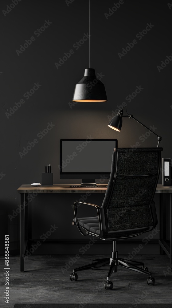 Poster Minimalistic dark office setup with computer and black chair. Modern and sleek work environment. Professional and elegant business space