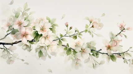 Obraz premium Elegant watercolor painting of cherry blossoms in full bloom, showcasing delicate pink and white flowers on a branch against a soft background.