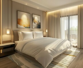 Modern Hotel Room Interior With White Bed and Beige Curtains