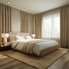 Modern Hotel Room With Beige Curtains