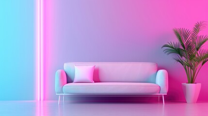 A modern living room illuminated by neon lights, with a minimalist design and plenty of copy space for customization. The neon lighting adds a vibrant and futuristic touch to the room.