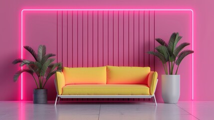 A contemporary living room with neon lights, designed in a minimalist style with clean lines and uncluttered space. The neon accents add a modern and edgy touch to the room.