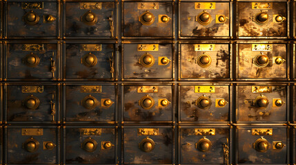 In the secure and silent bank vault, rows of safe deposit boxes line the walls, each one a guardian of personal treasures and important documents. The thick, reinforced door stands open, revealing the