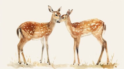 Obraz premium Watercolor painting of two fawns touching noses in a gentle and peaceful scene, showcasing nature's beauty and innocence.