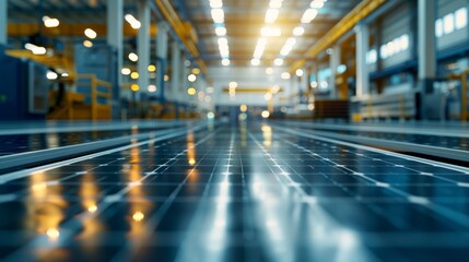 Solar panels line the floor of a factory, reflecting the bright lights above