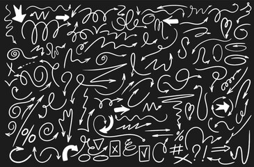 Set of group arrows and frames. Hand drawn white symbols swirls, crosses for hand drawn diagrams. Doodle marker drawing. Vector freehand different curved arrows, circles and check marks.