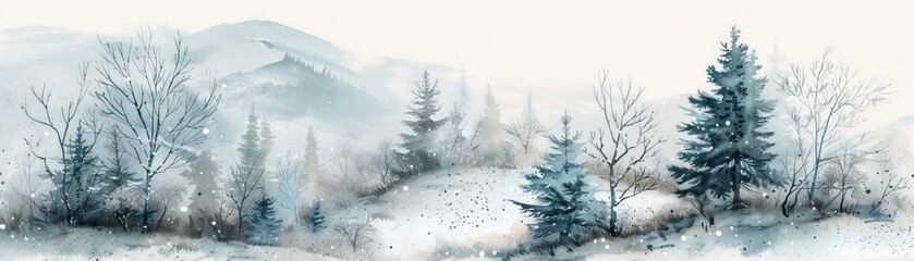 Fototapeta premium A serene winter landscape with snow-covered trees and distant mountains, capturing the tranquility of a snowy morning.