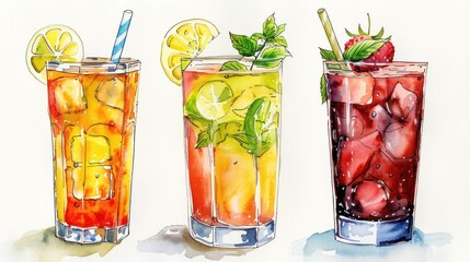 Colorful watercolor illustration of three refreshing summer drinks with fruit and mint. Perfect for summer, beverage, and art themes.