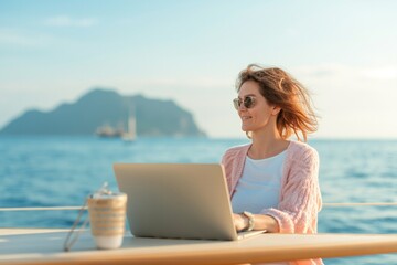 Young woman in sunglasses with a laptop on the deck of a yacht, sea view. Concept: digital nomad, remote work, work and life balance, freelancing