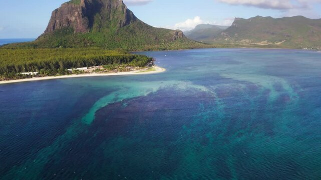 "Underwater Waterfall" spectacular 3D illusion famous landmark on Mauritius island near Le Morne peninsula. Also a wonderful kiteboarding and windsurfing spot. Exotic traveling aerial photo concept.
