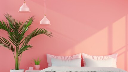 A cozy bedroom decorated in shades of pink, with minimalist furnishings and a clean, uncluttered layout. The image provides ample copy space for customization.