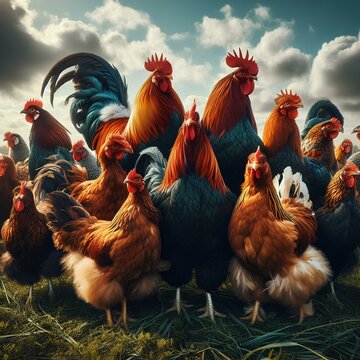  Group of chickens, each displaying their unique feathers under the open sky.