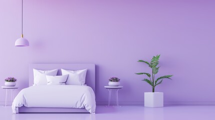 A minimalist bedroom in soothing purple tones, featuring clean lines and a clutter-free design. The image offers plenty of copy space, making it ideal for showcasing modern interior concepts.