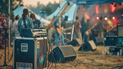Gasoline Generator Powering Festive Music Stage at Outdoor Evening Event